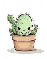 linda bebé cactus sonriente en un flor florero conjunto diseño. linda cactus ilustración colección en un blanco antecedentes. linda cactus bebé planta Arte haz con flores para adultos y niños. ai generado. foto