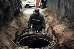 Worker at the construction site of the foundation of the building. A man diligently working to install or repair something, photo