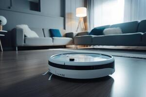 robótico vacío limpiador en laminado piso en vivo habitación a hogar, un futurista ai robot limpiador limpieza el casa, ai generado foto