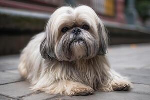 Cute Shih Tzu dog sitting on the ground in the city photo