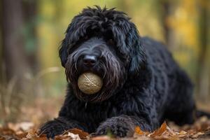 black terrier with a ball in the autumn forest, close-up photo