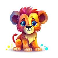 bebé león jugando haz ilustración. vistoso león cachorro colección en un blanco antecedentes. dibujos animados león sesión. bebé león conjunto con colores. león con vistoso piel sentado ilustración. generativo ai. foto