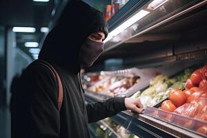 hombre en un negro máscara y negro capucha es en pie en el supermercado. un de cerca ver de un hombre adquisitivo comida en un mercado o tienda de comestibles almacenar, ai generado foto