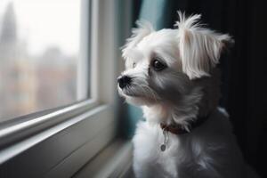 Portrait of a cute Maltese dog sitting on the windowsill photo