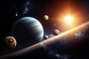 Planets and galaxies in space showing the beauty of space exploration. A planetary system and space with stars, photo