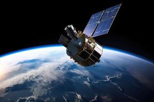 A satellite orbiting the earth in space. A satellite in space orbiting the earth, photo