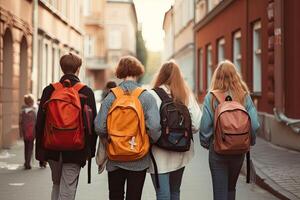 Back view of a group of students with backpacks walking on the street, A group of high school kids with school bags on their backs, walking together down the hallway, photo