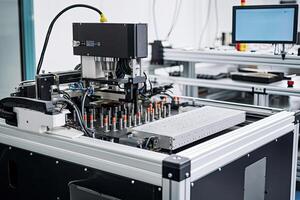 Closeup of a 3D printer in a modern laboratory. A small computer controlled industrial machine, operated by a human hand, photo