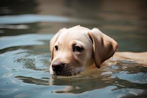 Labrador Retriever puppy swimming in the water in a pool AI Generated photo