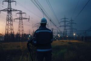 electricista en uniforme y casco en pie en frente de alto voltaje torres, un eléctrico ingeniero posterior ver trabajando con un circuito tablero y varios electrónico componentes, ai generado foto