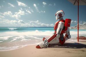 3D rendering of a robot sitting on the beach and looking at the sea, A futuristic AI robot lifeguard looking at the beach, photo