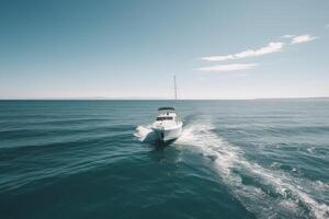 aéreo ver de un lujo yate navegación en el mar en un soleado día, un pequeño yate graciosamente navegación en el tranquilo aguas de un hermosa Oceano en un soleado día, ai generado foto