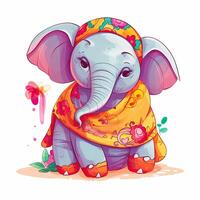 Colorful elephant standing bundle design. Colorful Elephant sitting set design with color splashes. Cute elephant baby cartoon illustration on a white background. . photo