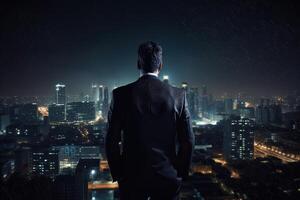 Back view of businessman looking at night cityscape and holding hands in pockets, A businessman full rearview wearing a tailored suit and looking out towards a city skyline. photo