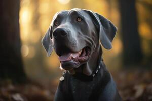 Portrait of a great Dane dog in the autumn forest. Selective focus. photo