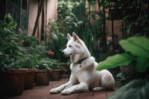 Siberian Husky dog in the garden. Selective focus. photo