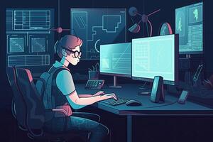 ilustración de un hombre trabajando a el computadora en el oficina. nerd chico es programación a un computadora en un habitación, ai generado foto