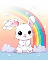 Cute bunny cub with rainbows illustration. Cute bunny illustration with beautiful rainbows on a white background. Bunny cub sitting with clouds and rainbows on a white background. . photo