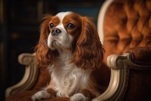 cavalier king charles spaniel sitting on an antique chair photo