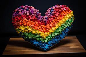 Heart made of colorful confetti on a wooden table. Black background. A heart made of rainbow colors, photo