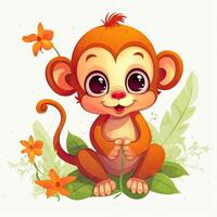 Monkey cub designs with cute eyes and colorful fur for coloring pages. Colorful monkey cub set, smiling and sitting on a white background. Cute baby monkey illustration with flowers. . photo