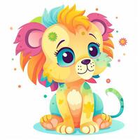 bebé león jugando haz ilustración. vistoso león cachorro colección en un blanco antecedentes. dibujos animados león sentado y sonriente. juguetón bebé león conjunto con color salpicaduras generativo ai. foto