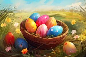 Easter eggs in a basket on the meadow. Illustration. . photo