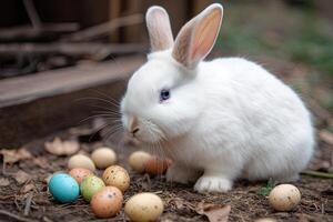 White rabbit with Easter eggs on the ground in the garden. Easter concept. . photo