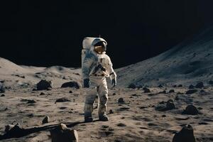 Astronaut in the moonlight. Astronaut in outer space. Astronaut in space suit walking on moon surface, photo