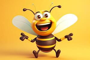 dibujos animados abeja con un contento expresión en amarillo antecedentes. 3d ilustración, un dibujos animados abeja con un contento cara y brazo elevado en un alegre gesto. ai generado foto