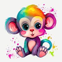 Playful monkey cub bundle illustration. Colorful monkey cub set, smiling and sitting on a white background. Monkey cub designs with cute eyes and colorful fur for coloring pages. . photo