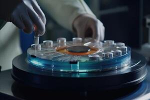 Close up of a scientist working in a laboratory. Healthcare and biochemistry concept. A chemist using a centrifuge to test liquids, in a closeup view, photo