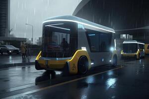 Bus in the rain. Rainy day. 3D rendering. A Futuristic robot driving a bus , photo