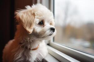 Cute Maltese puppy sitting on the windowsill and looking out the window photo