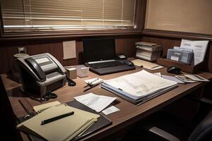 Office desk with computer, laptop, documents, mobile phone, and stationery, A real estate office desk organized with various office stationeries, like pens, notepads, folders, and computer photo