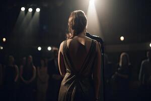 espalda ver de joven mujer en noche vestir en pie en frente de etapa luces, un ópera cantante lleno posterior ver canto en frente de grande audiencia, ai generado foto