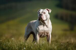 American Staffordshire bull terrier standing in the field. Selective focus. photo