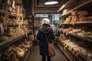 Woman shopping in a grocery store. Rear view of an elderly woman buying food in a grocery store. A woman full rear view shopping in a food shop, photo