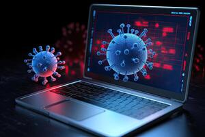 codicioso 19 virus ataque en ordenador portátil pantalla, 3d prestar, un ordenador portátil pantalla muestra azul codificación y un rojo corona virus advertencia, ai generado foto