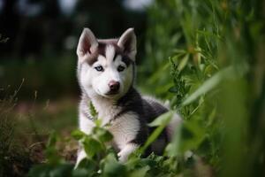 siberiano fornido perrito sentado en el césped en el parque, linda siberiano fornido perrito sentado en el verde campo, ai generado foto