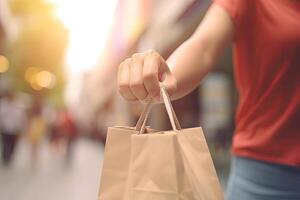 Woman hand holding shopping bag in the shopping mall,vintage color tone, A female consumer holding a shopping bag with product, photo