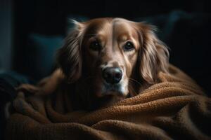 cocker spaniel perro envuelto en un calentar cobija en un oscuro antecedentes ai generado foto