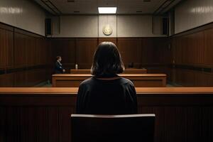 posterior ver de un mujer sentado a un mesa en un sala de justicia, un mujer posterior ver testificando en un sala de justicia, ai generado foto