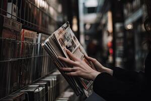 Woman reading a magazine in a library. Female hands holding a magazine. A closeup of a female customers hands examining merchandise or holding a shopping item, photo