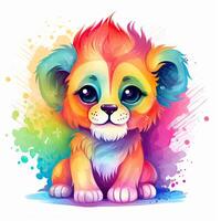 Baby lion playing bundle illustration. Colorful lion cub collection on a white background. Playful baby lion set with color splashes. Baby lion with colorful fur sitting illustration. . photo