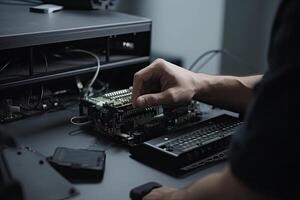 de cerca de un mans manos reparando un computadora. tecnología concepto, un de cerca Disparo de un joven masculino ingeniero mano trabajando en tarjeta madre, ai generado foto