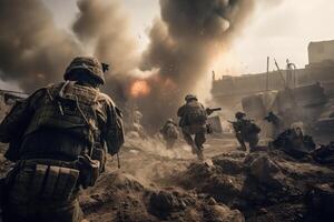 United States Marine Special forces US Marine Corps  soldiers in action during a combat mission. Army soldiers in action and firing on enemies with guns, AI Generated photo