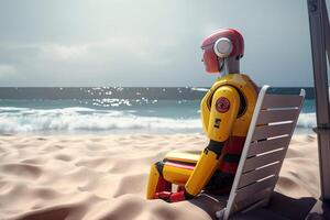 3d render of a robot sitting on a deck chair on the beach, A futuristic AI robot lifeguard looking at the beach, photo