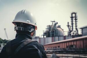 Engineer wearing safety helmet and standing in front of oil refinery. An engineers rear view wearing a safety helmet in construction site, photo