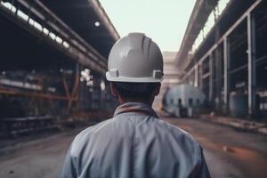 ingeniero o capataz con la seguridad casco a construcción sitio, industrial fondo, un ingenieros posterior ver vistiendo un la seguridad casco en construcción sitio, ai generado foto